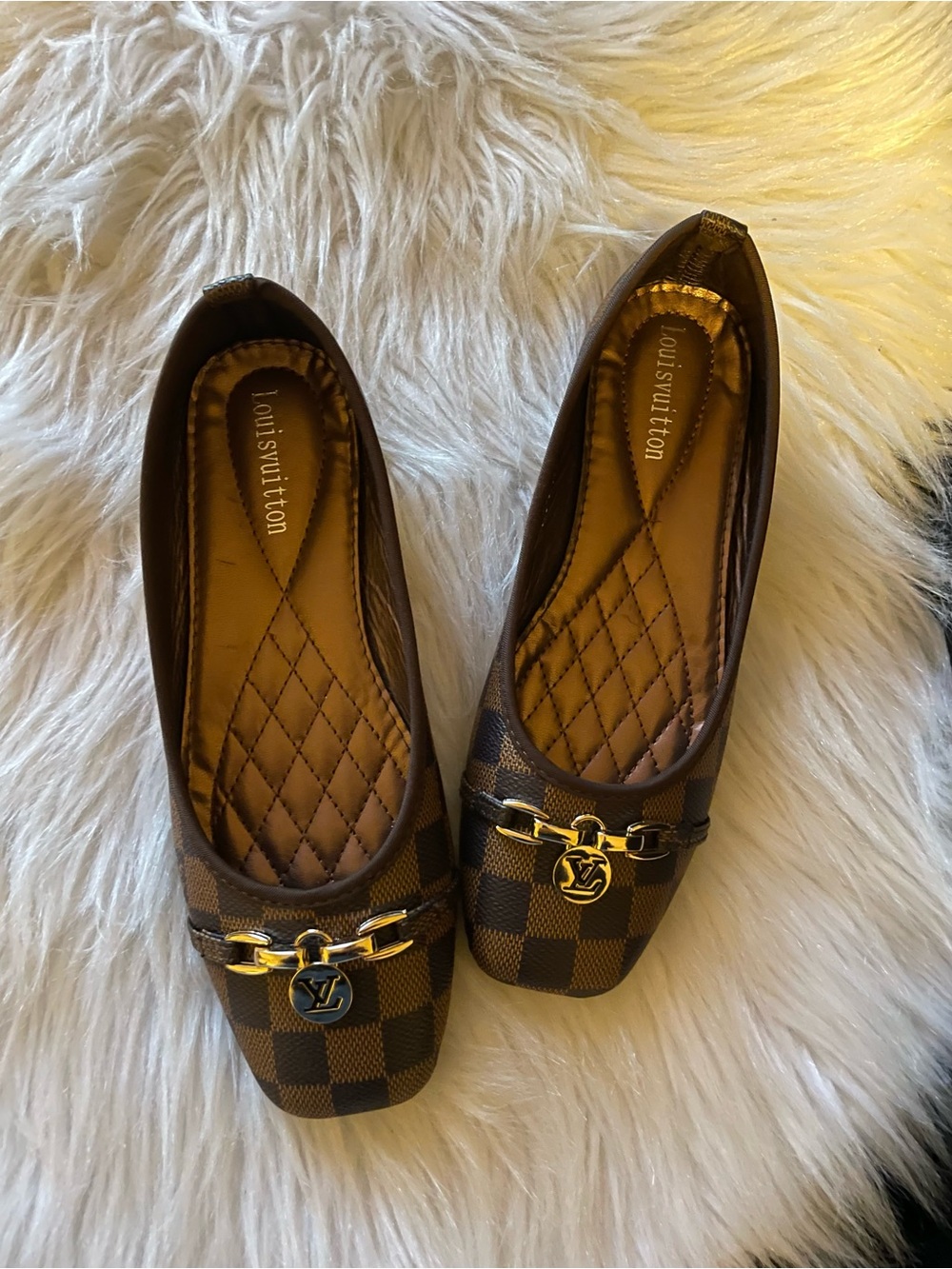 Louis Vuitton Brown Checkered Ballet Flats with Gold Charm